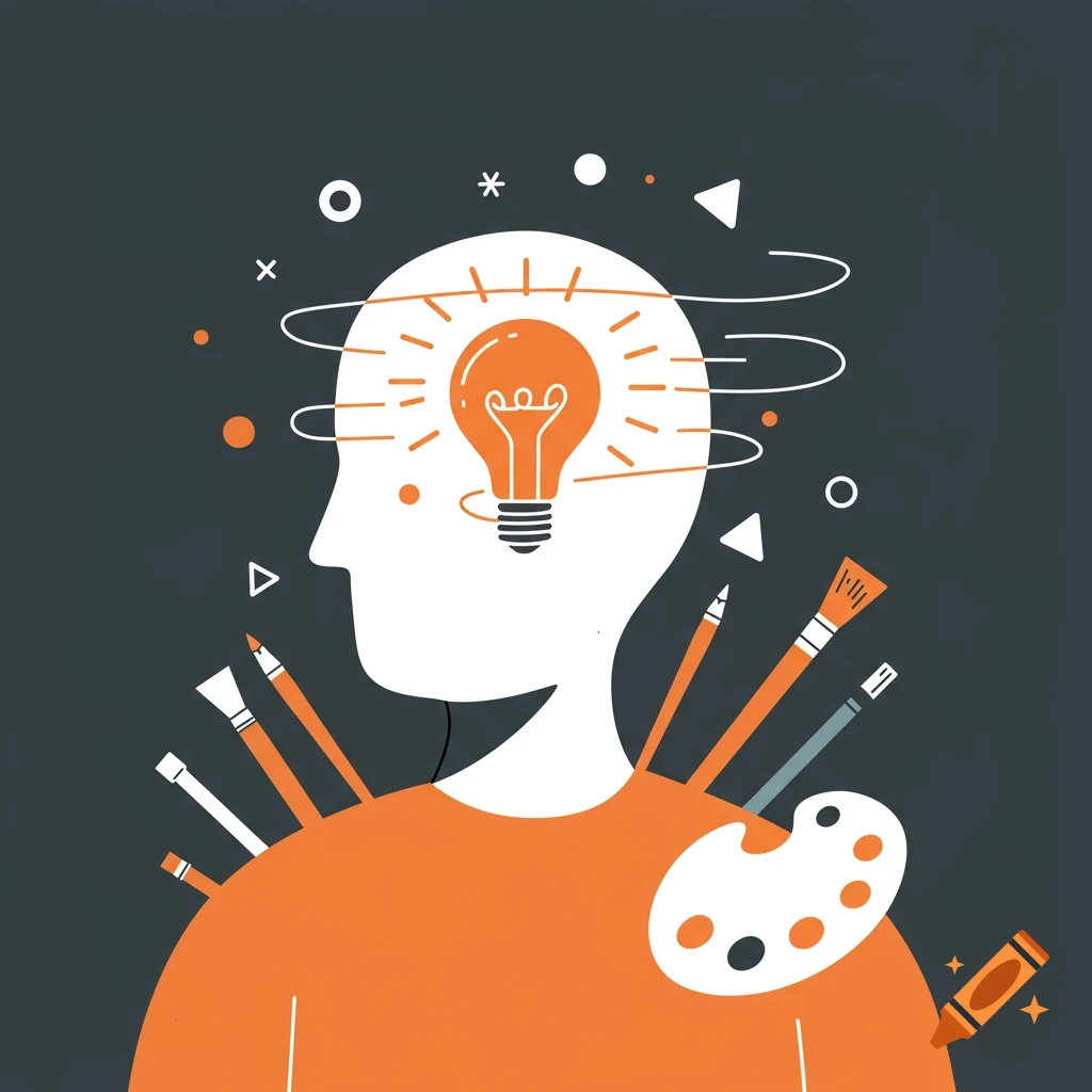 Illustration of a head with a lightbulb for an idea and art supplies representing creativity on a dark background.