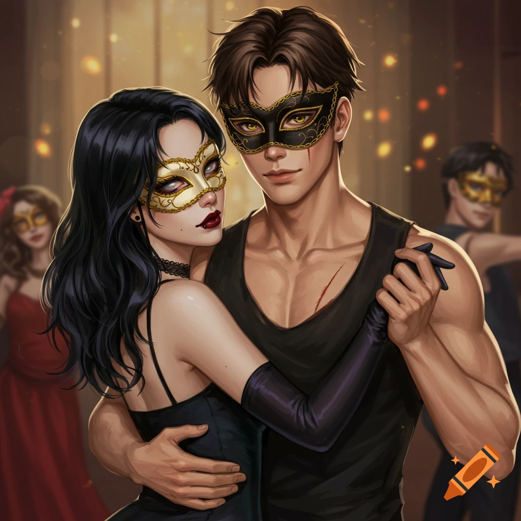 A couple wearing gold and black masks dances closely at a masquerade ball, illustration.