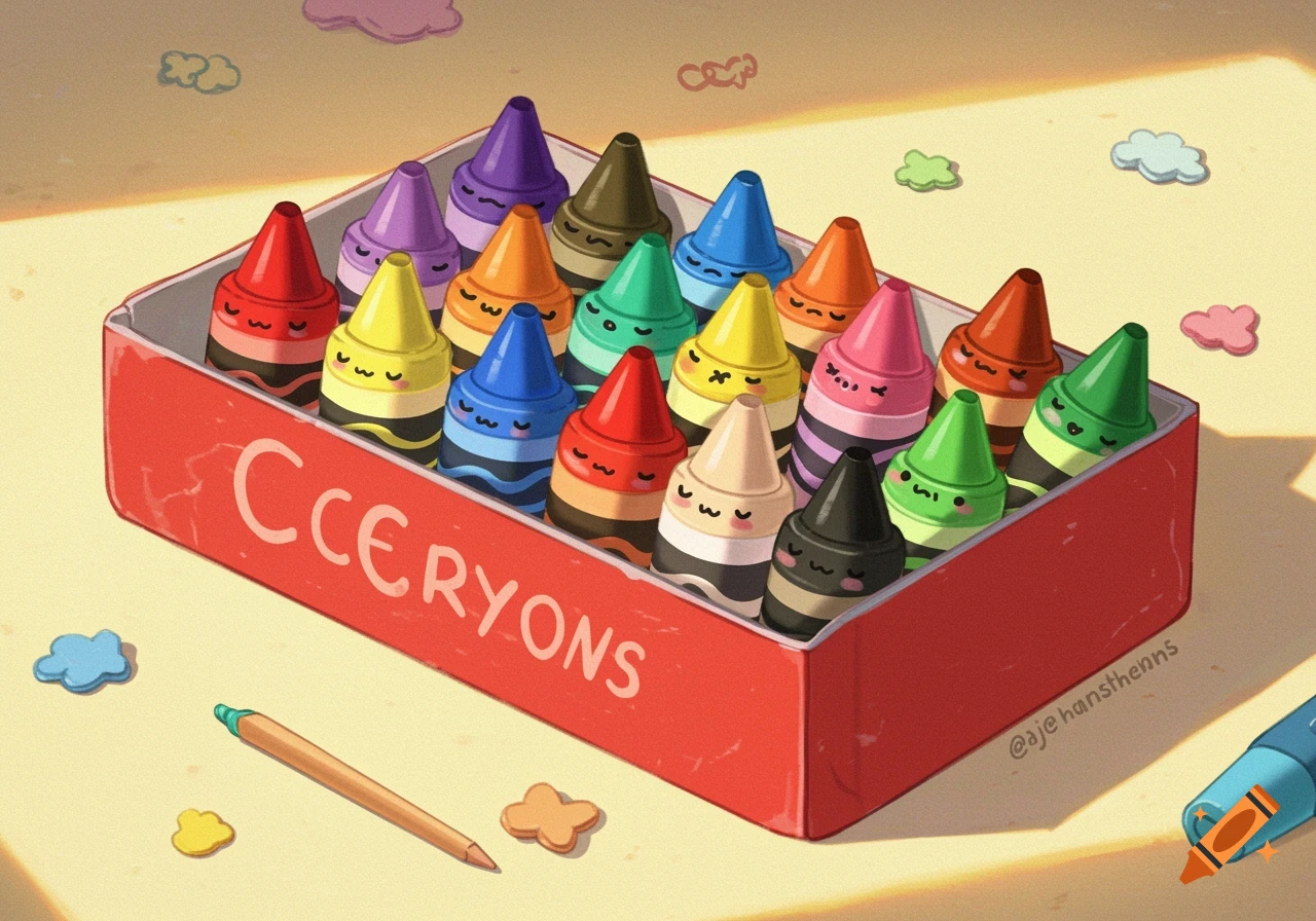 A box of colorful crayons with sleeping faces on a table, illustration style.