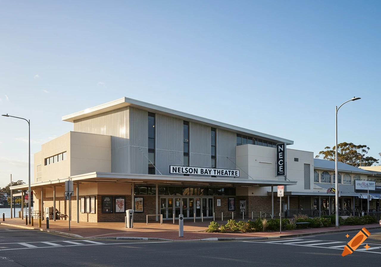 A modern theatre building with a sign reading 'Nelson Bay Theatre' at a street corner in a town.