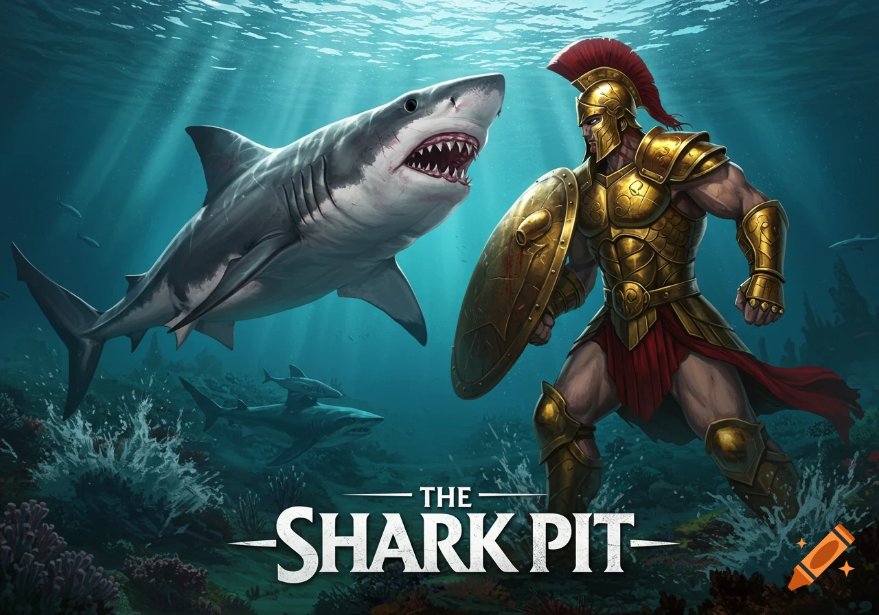 A Spartan warrior battles a large shark underwater, with the title The Shark Pit.