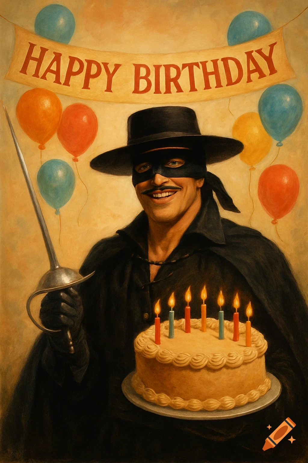 Painting of a man dressed as Zorro with a sword, standing next to a birthday cake with candles, under a banner that reads "Happy Birthday" with balloons.