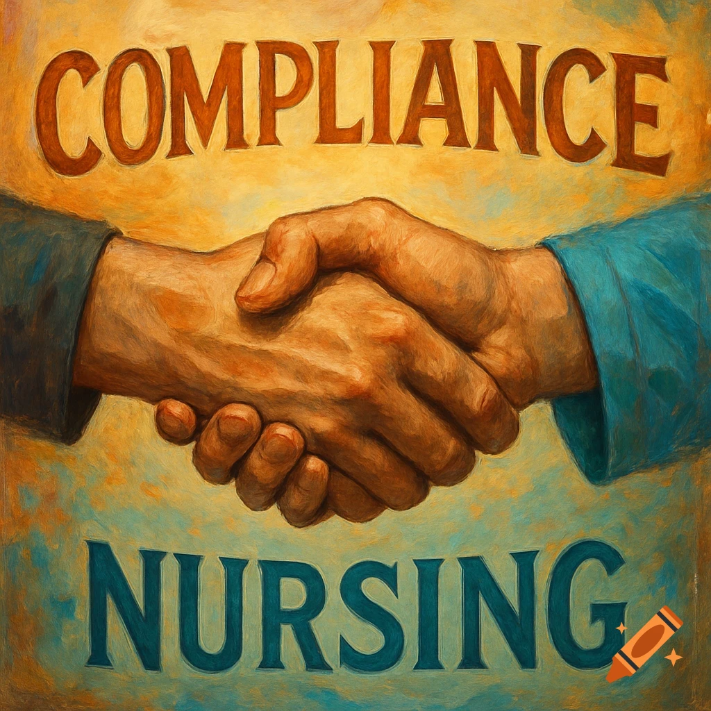 Painterly image of two hands shaking, with the words COMPLIANCE and NURSING.