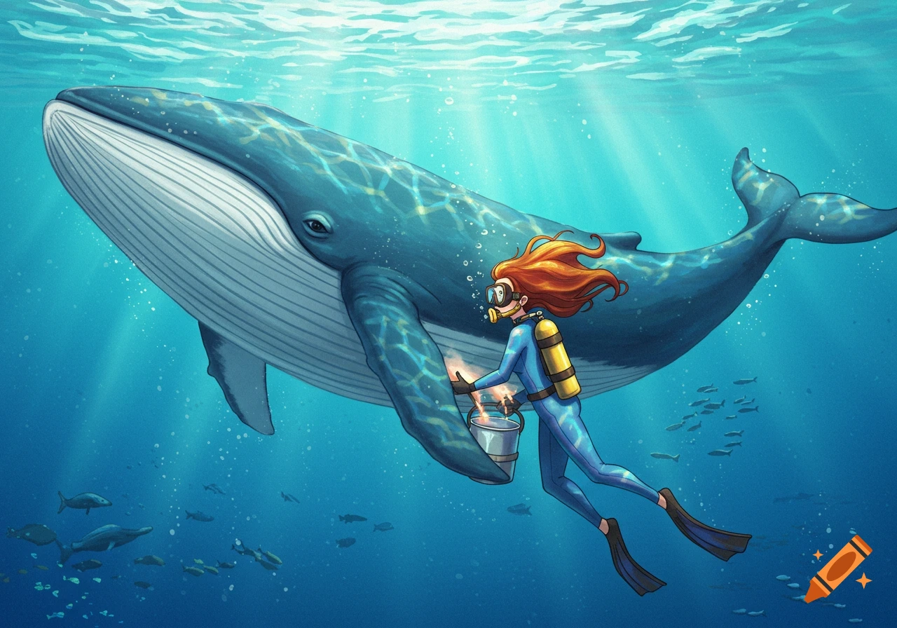 An illustration of a woman diver next to a large blue whale underwater.