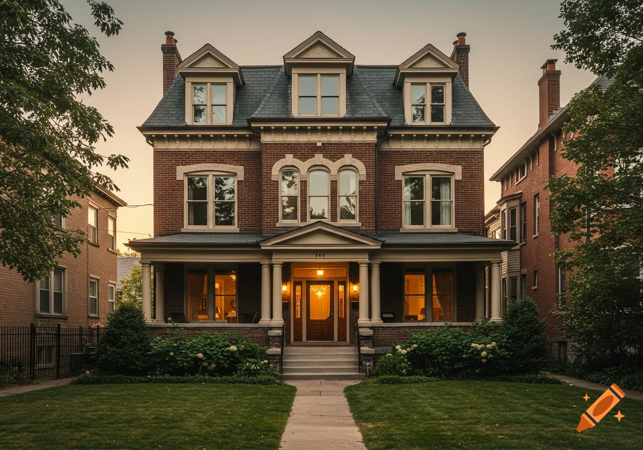 A brick multifamily house with a porch and dormer windows at dusk