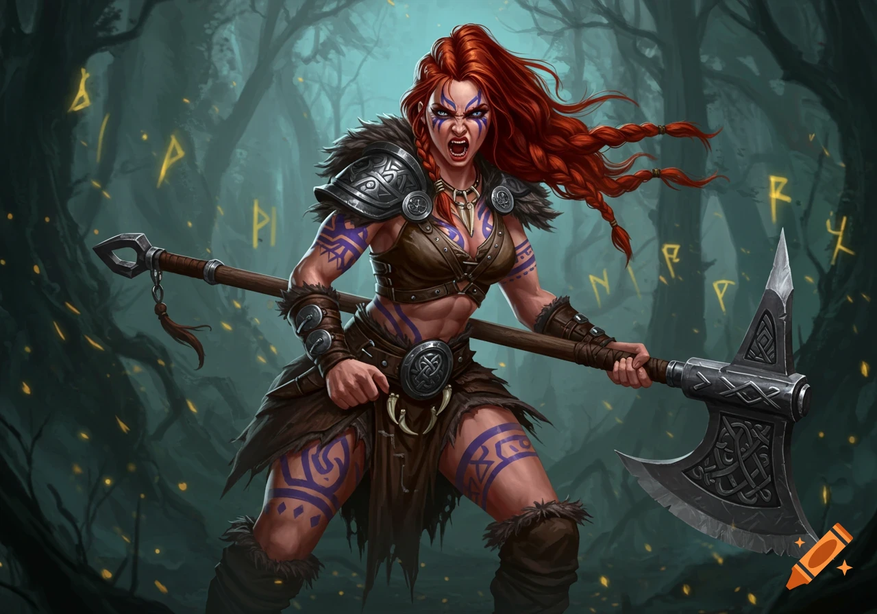 Red-haired barbarian warrior woman with war paint holds an axe in a forest. Digital painting.