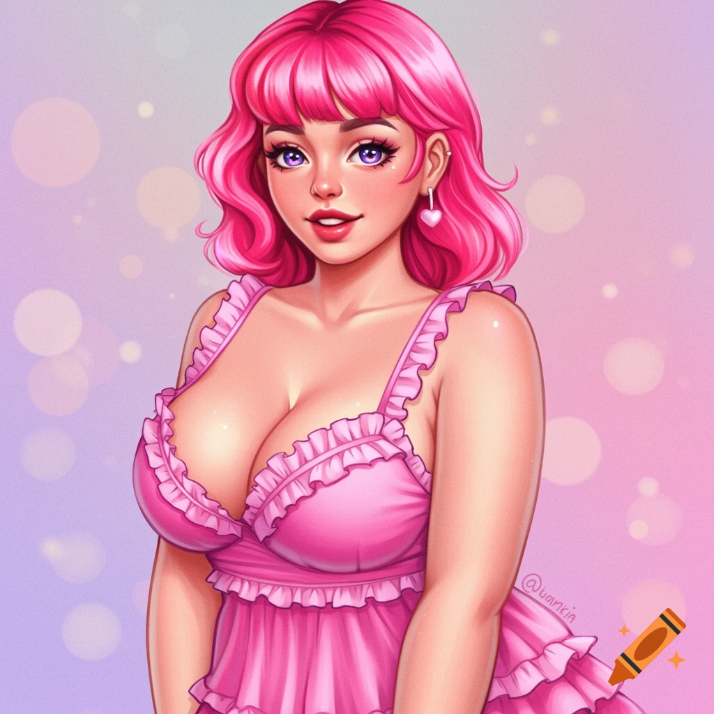 Digital painting of a woman with pink hair wearing a pink ruffled dress with heart earrings.