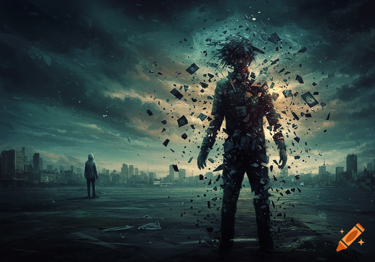 Surreal dark art of a figure dissolving into fragments while another watches from a distance against a stormy city skyline.