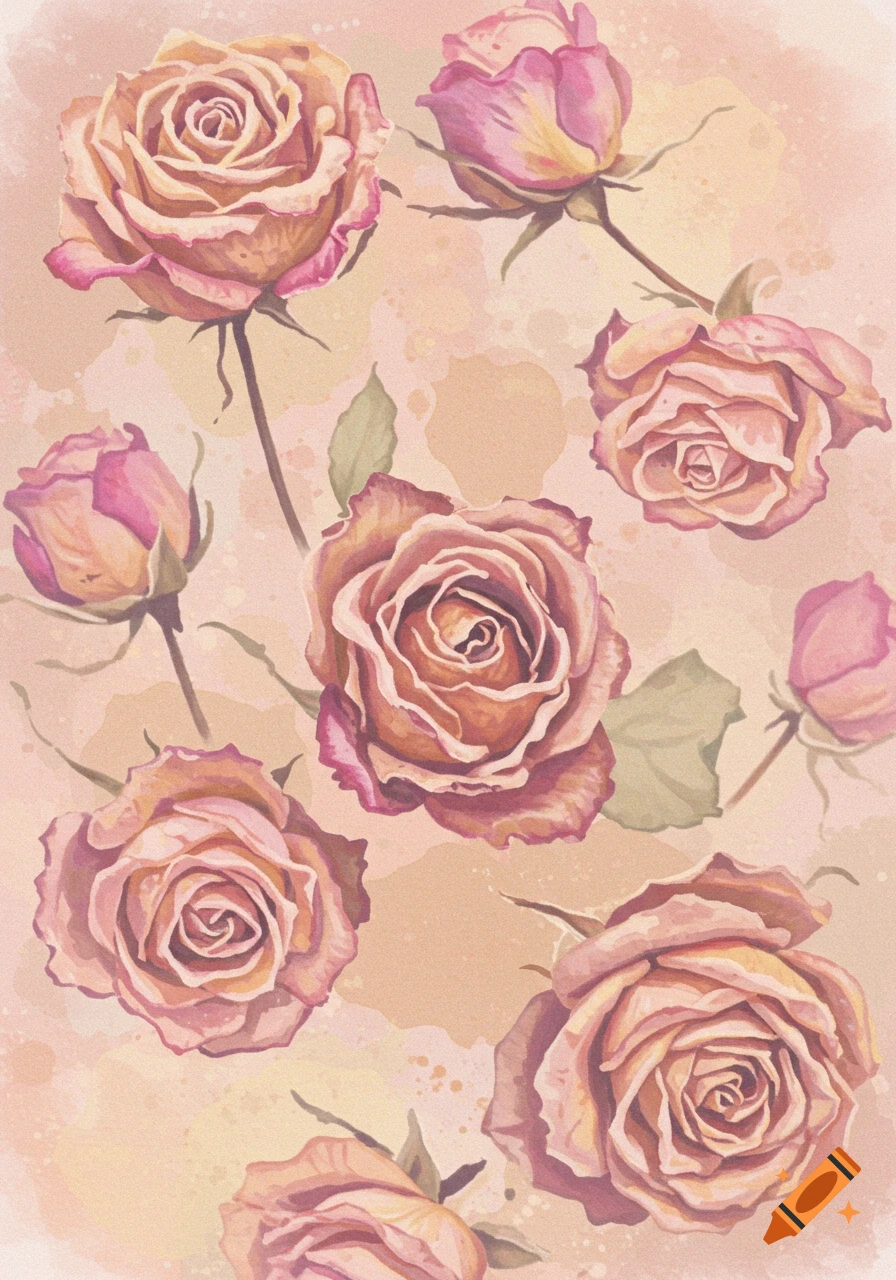 Watercolor pattern of dried pink and peach roses on a textured background.