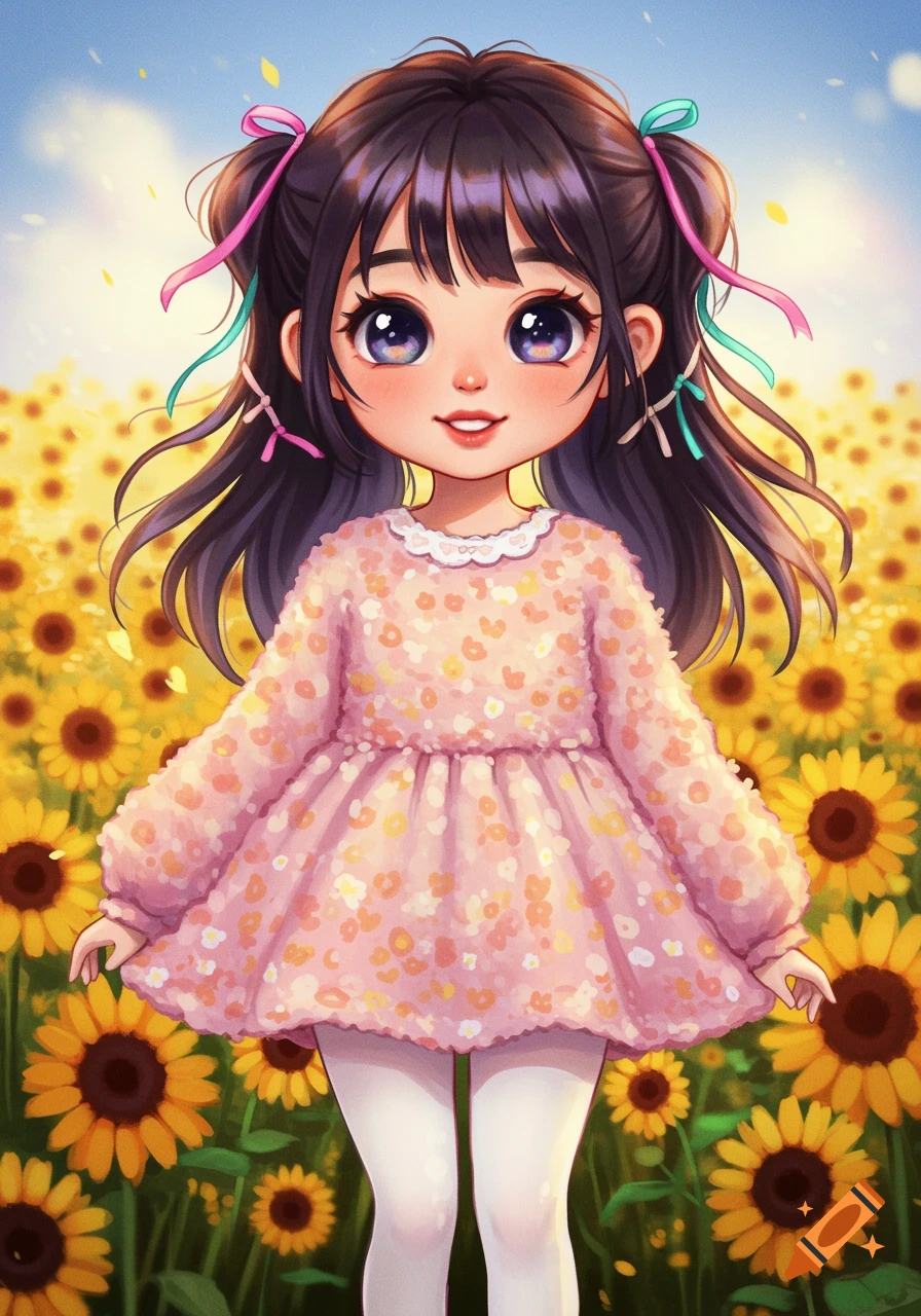 A cute anime-style girl with ribbons in her hair stands in a field of sunflowers.