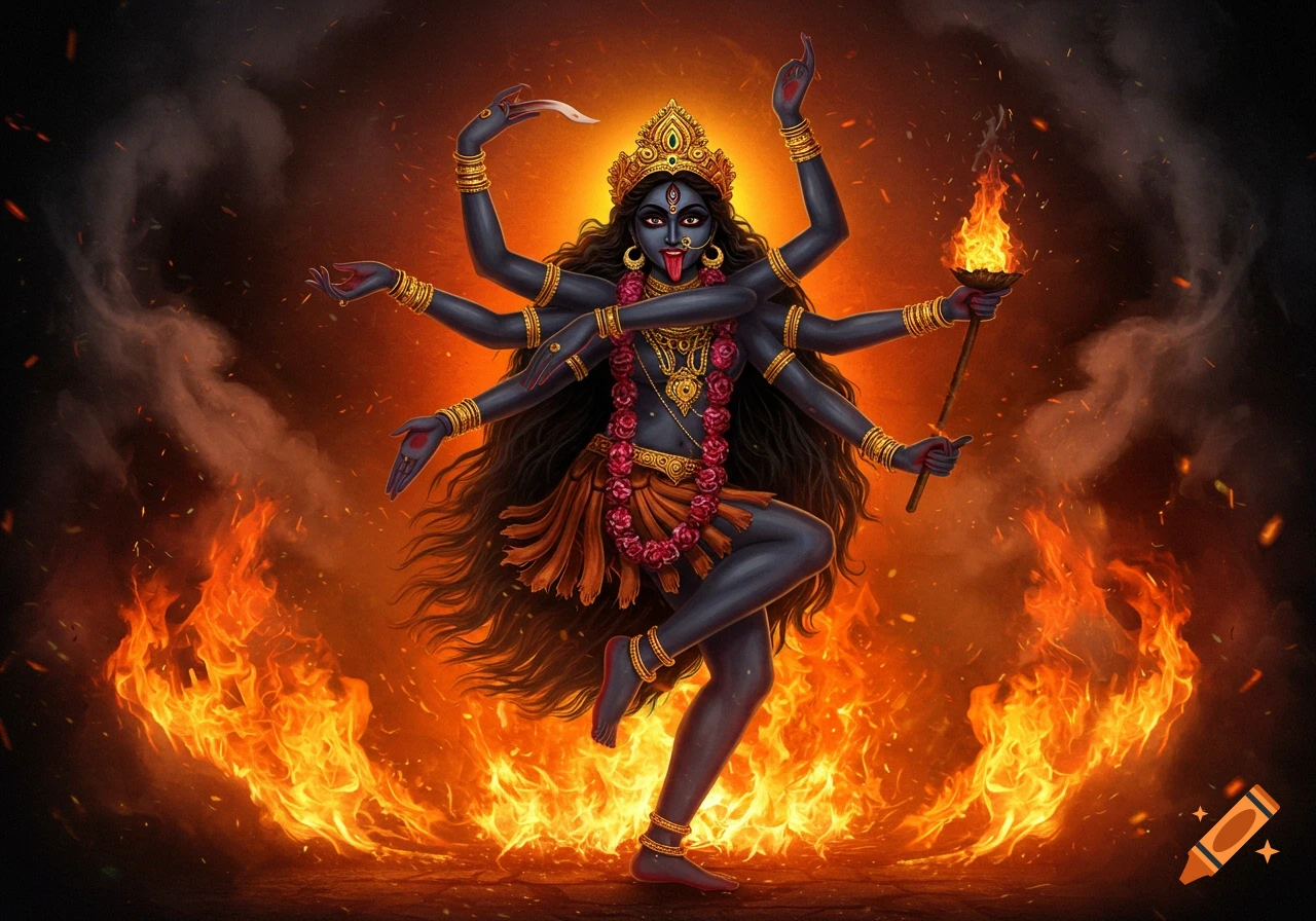 Illustration of the Hindu goddess Kali dancing surrounded by fire. on  Craiyon, image size:1280x896