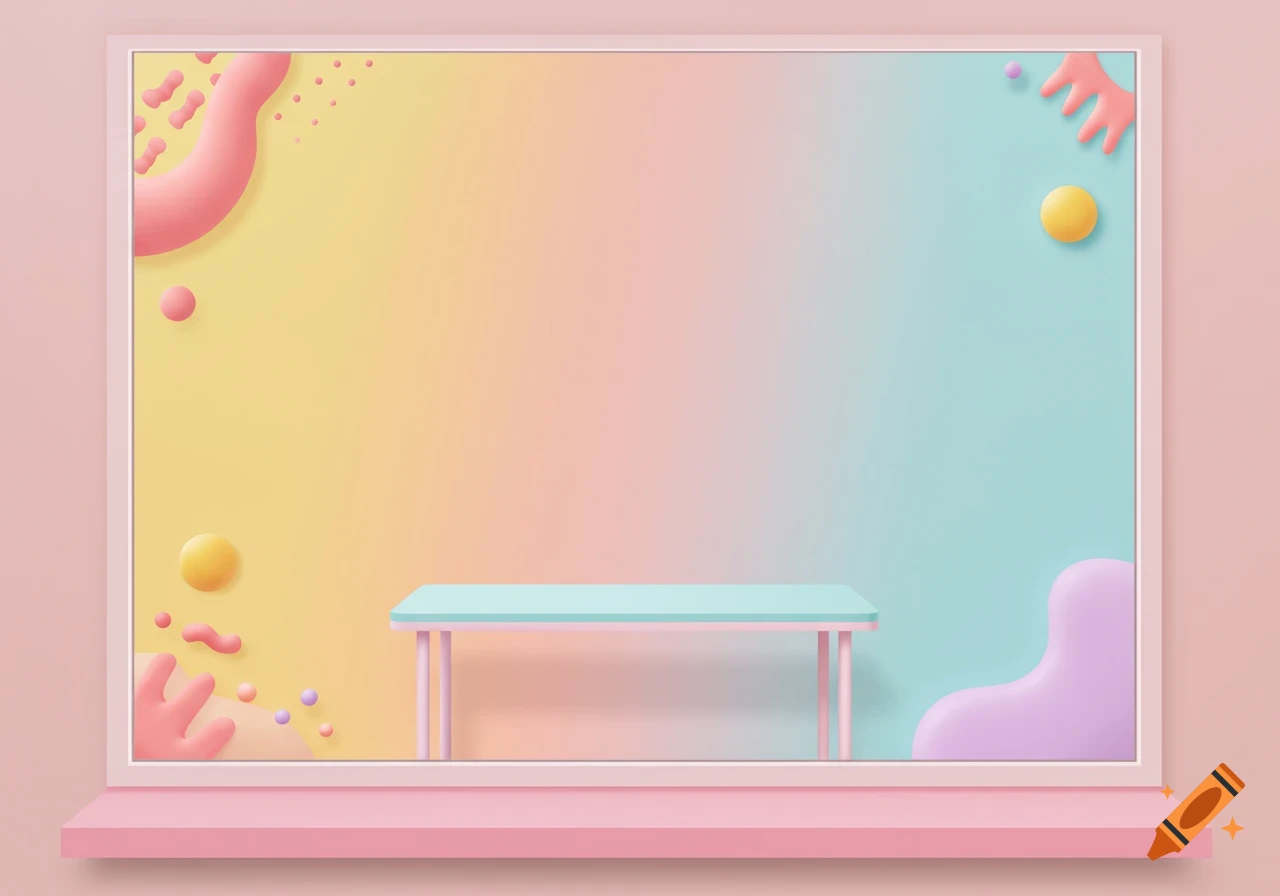 Pastel window display template with gradient background, abstract shapes, and a table