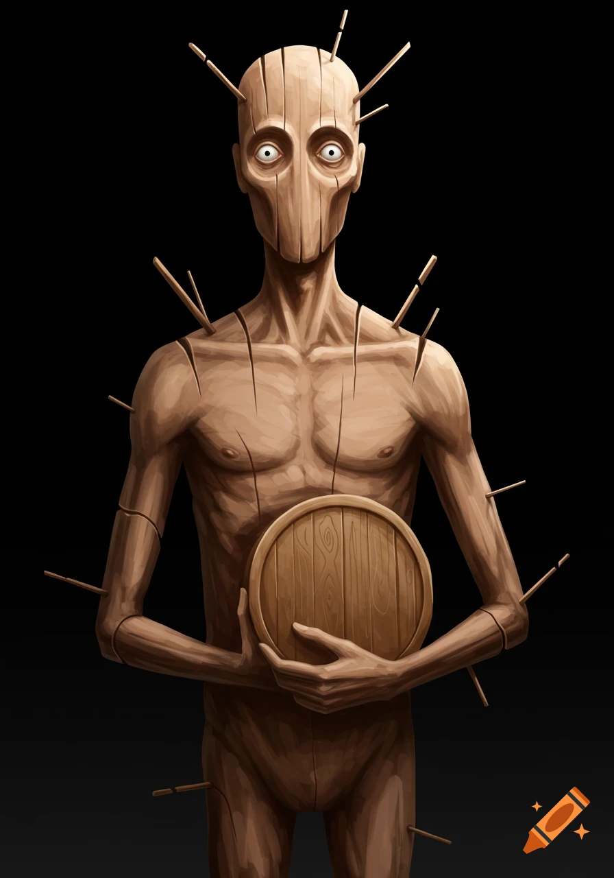 Digital painting of a stylized wooden figure with pegs sticking out, holding a wooden shield-like object.