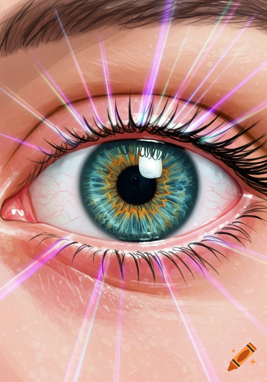 Close-up illustration of a human eye with blue and orange iris and colorful light rays radiating outwards.