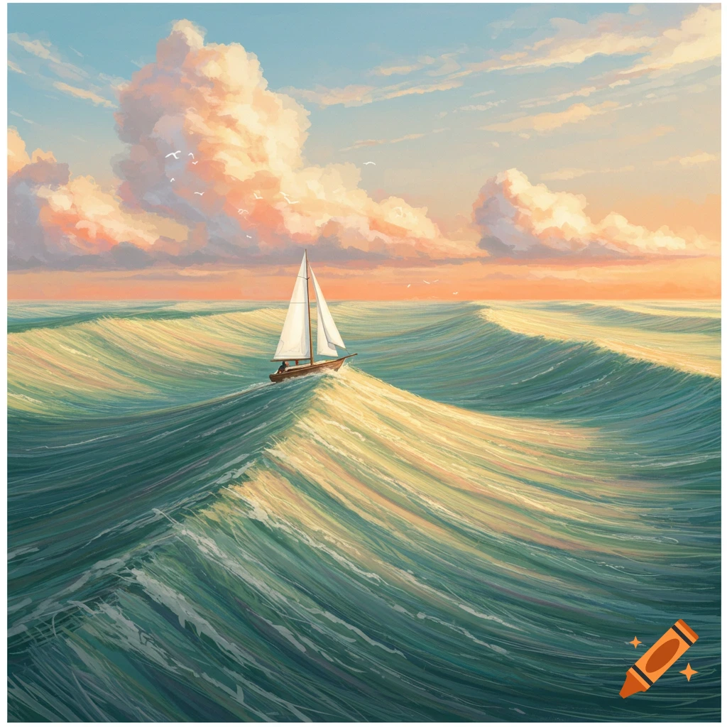 A sailboat rides large waves at sunset in a painterly style.