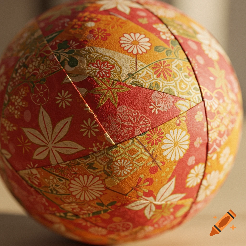 A close-up of a ball covered in autumnal Japanese wrapping paper with floral and geometric patterns.