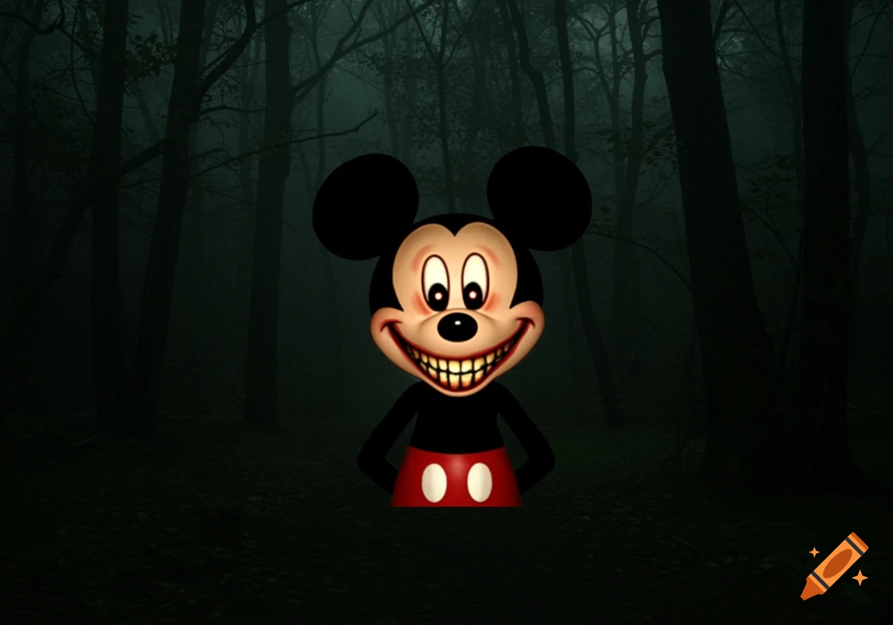 Creepy Mickey Mouse with a wide, jagged smile stands in a dark forest.