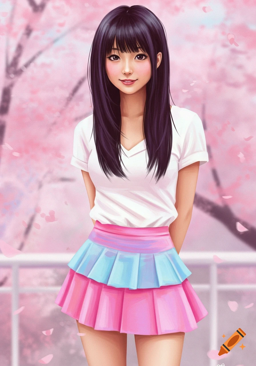Anime illustration of a young woman in a white shirt and layered pink and blue skirt standing under cherry blossoms