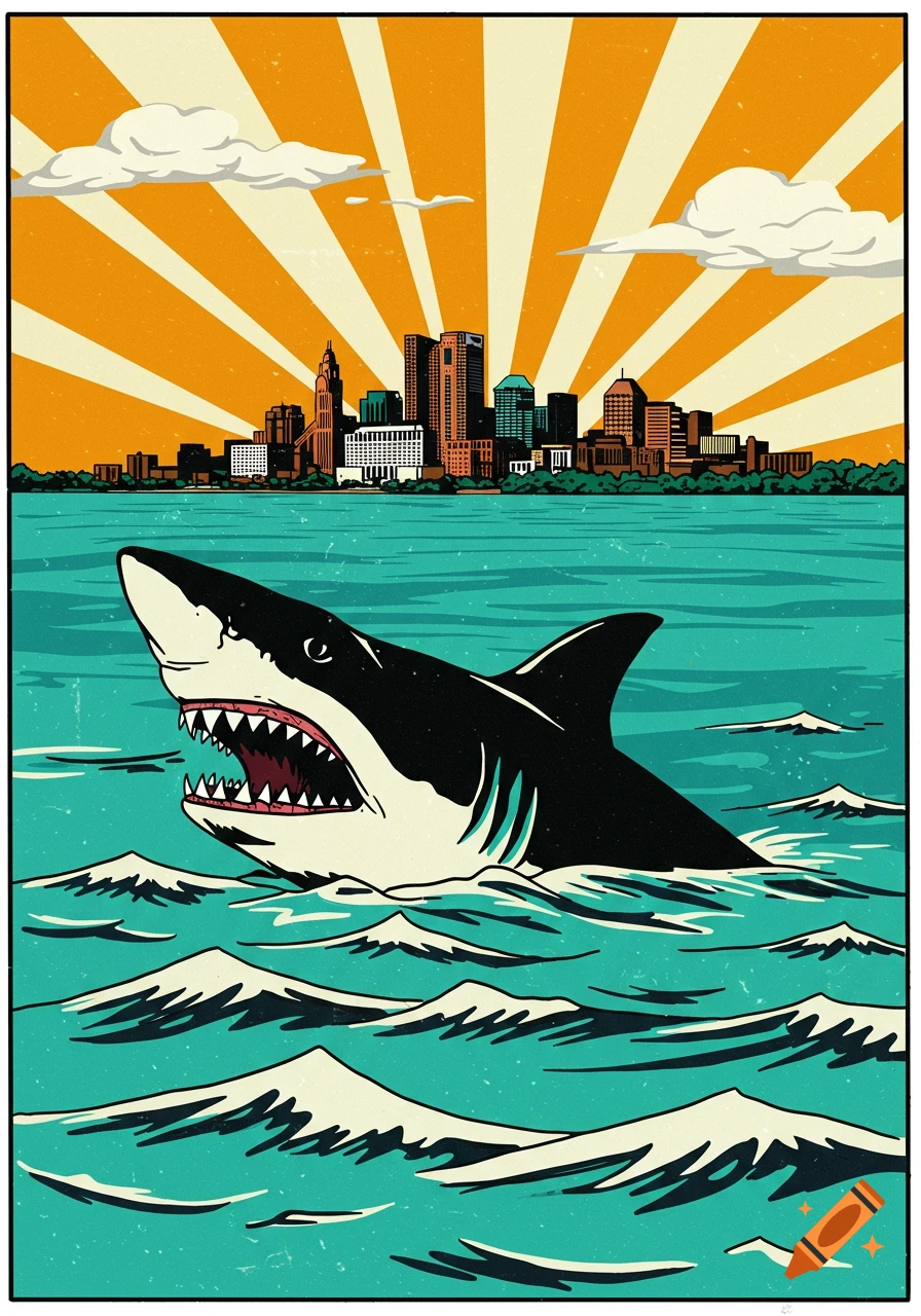 A large shark surfaces in the water with a city skyline and sunburst sky behind it, in an illustration style.
