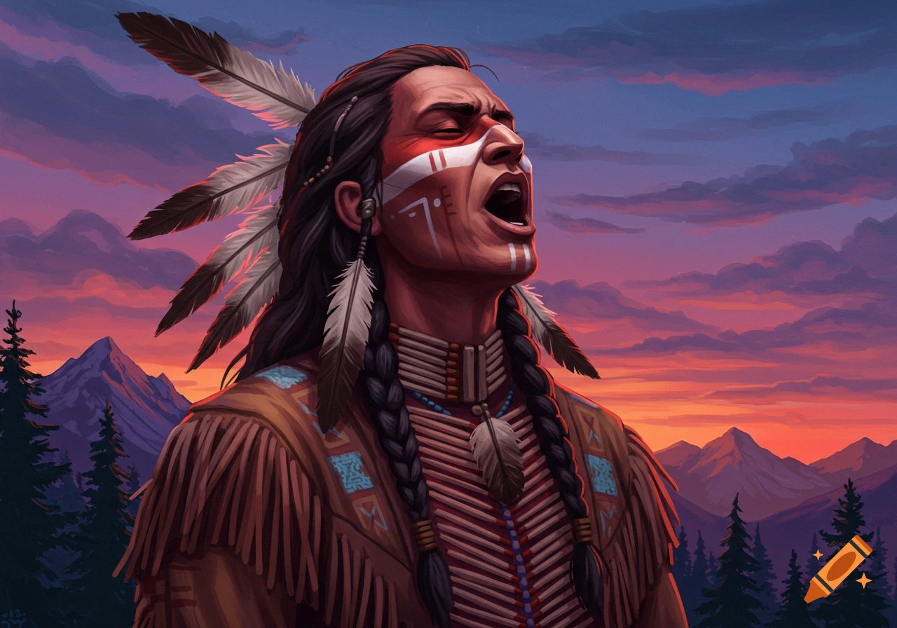 Illustration of a Native American warrior singing or shouting at sunset