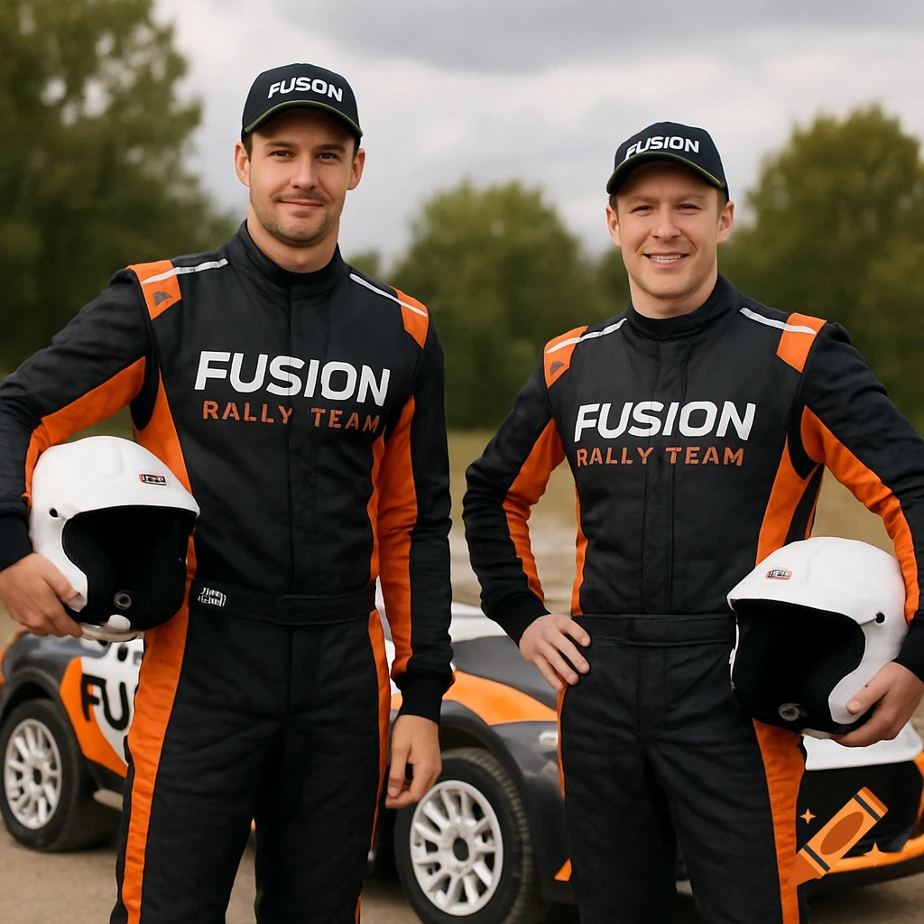 Two men in "Fusion Rally Team" racing suits and caps hold helmets and stand next to a rally car.