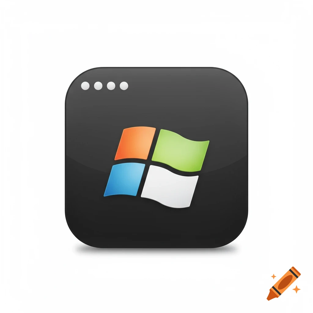 A dark rounded square app icon featuring a wavy multi-colored four-pane window logo and four white dots at the top.