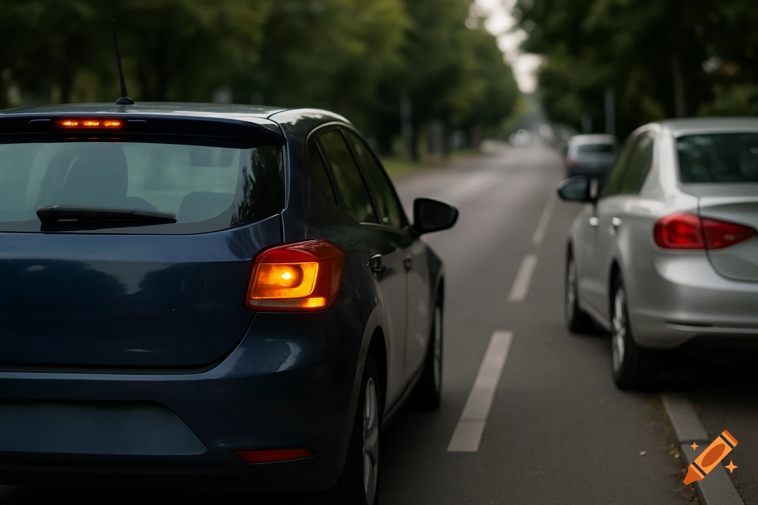 A blue hatchback car with its right turn signal blinking is on a road next to a parked silver sedan.