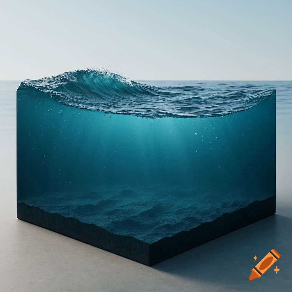 A 3D photorealistic render shows a cross-section of the ocean in a cube, with a wave, light rays, and seabed.
