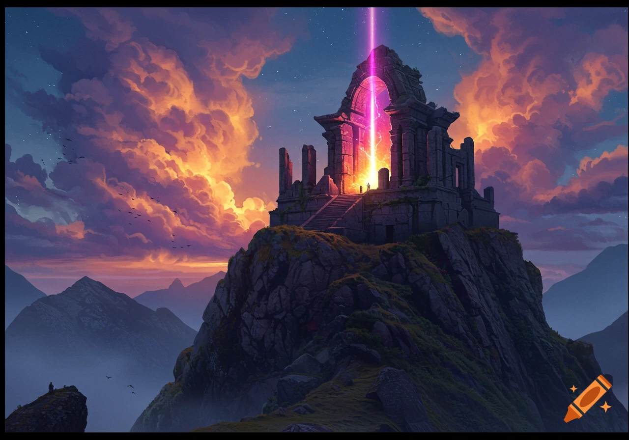 Ancient stone ruins on a mountain peak emit a bright light beam into a dramatic sunset sky with clouds.