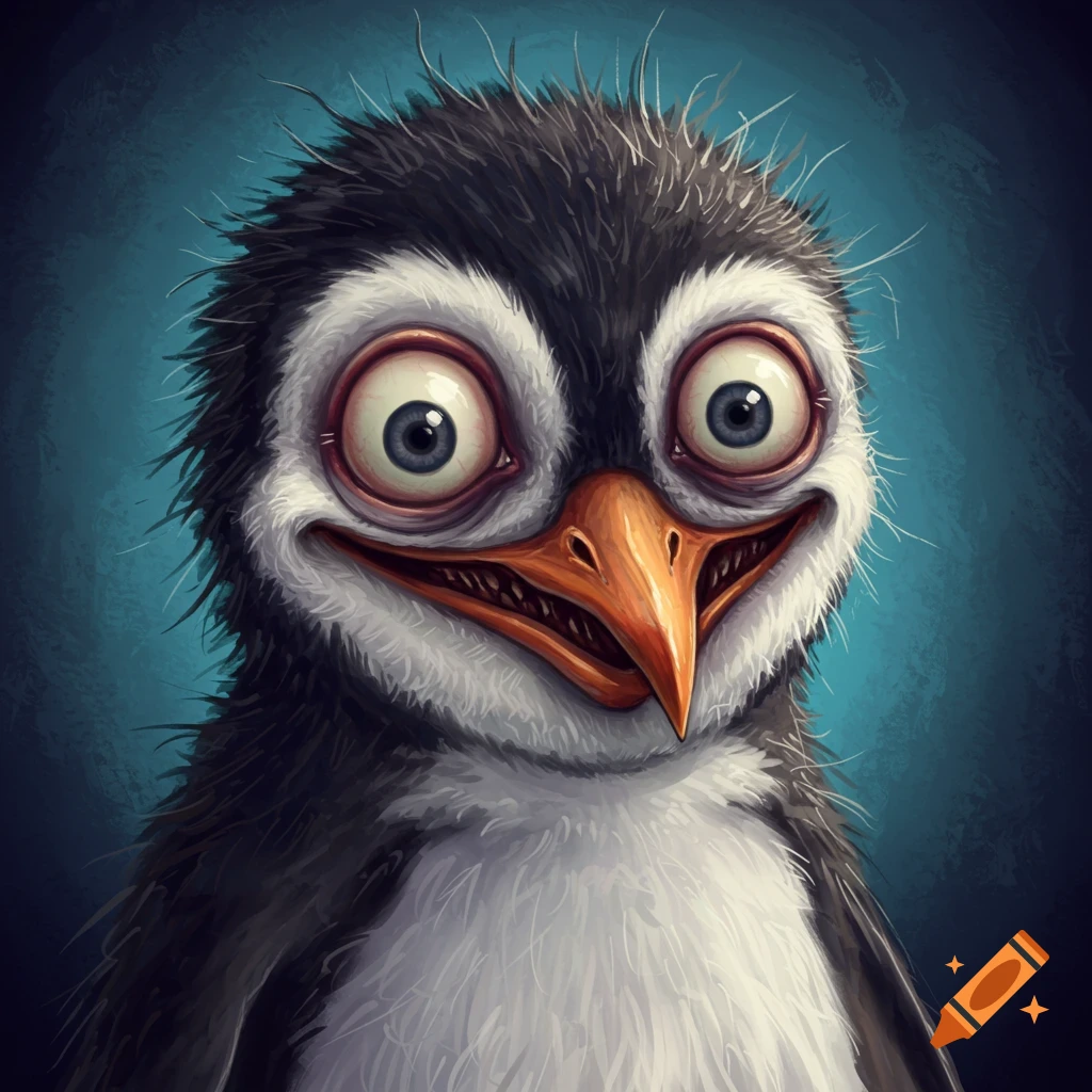 Close-up portrait of a wide-eyed, stylized penguin with an exaggerated smile.