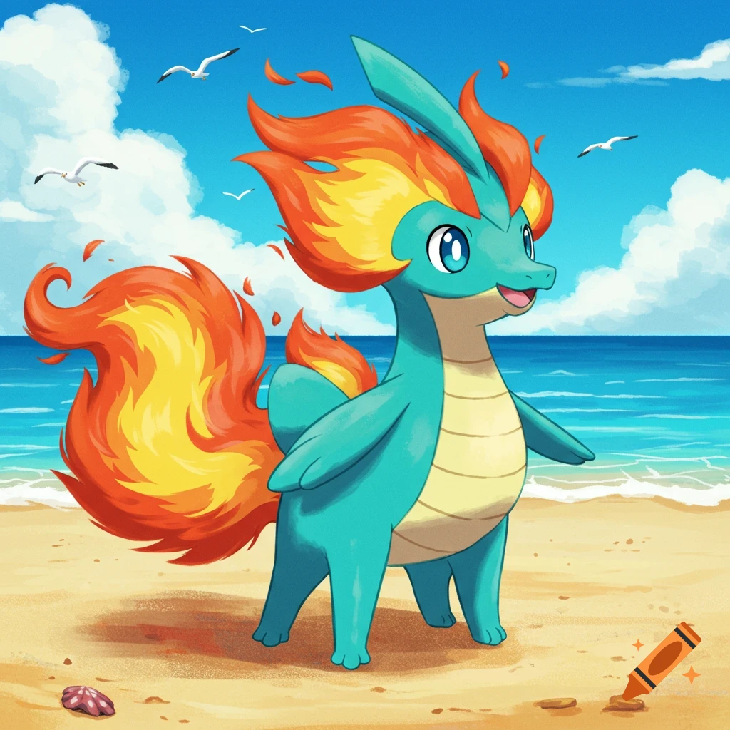 Pokemon-style teal and orange creature on a beach