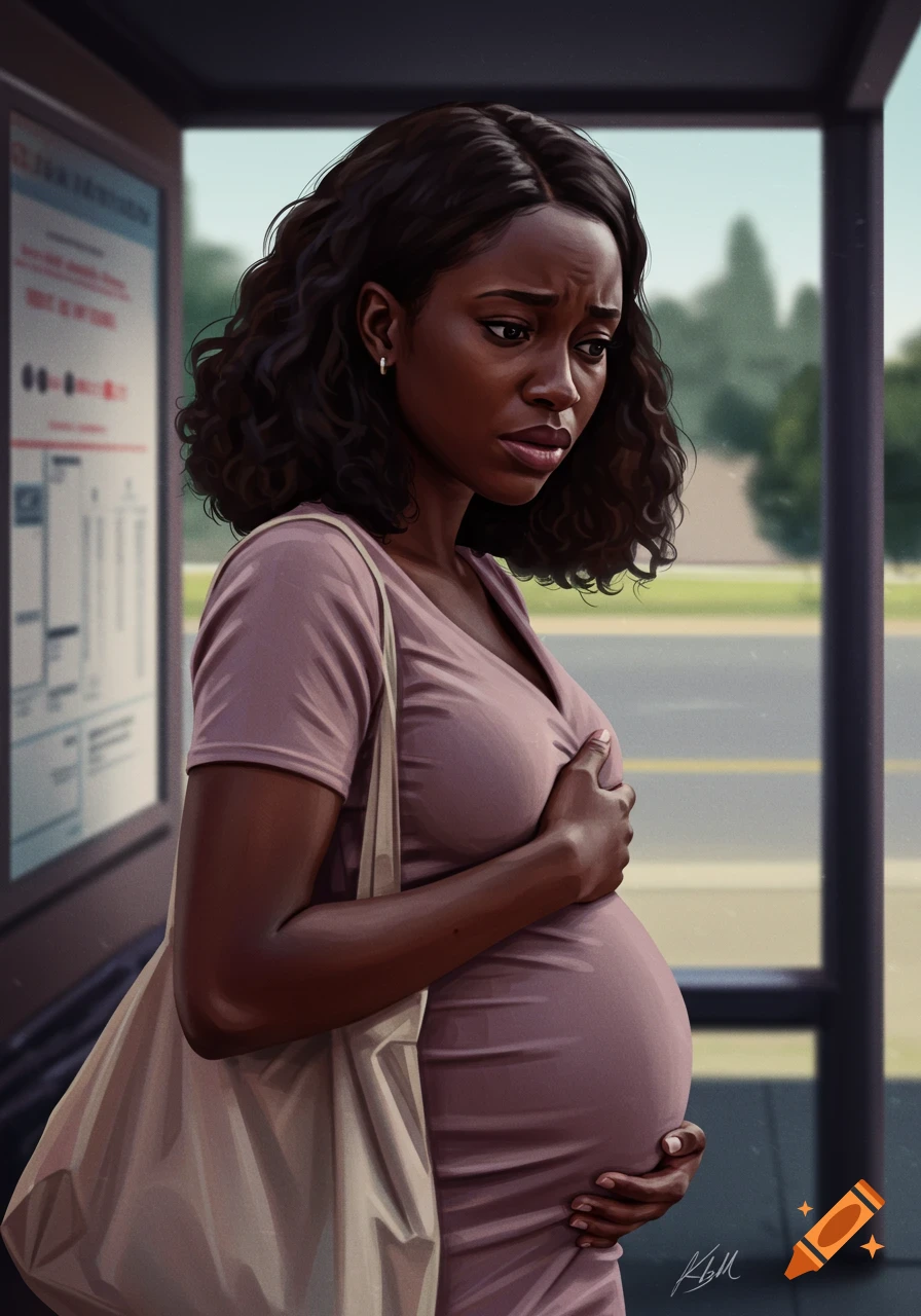 Illustrative portrait of a pregnant Black woman looking distressed at a bus stop.