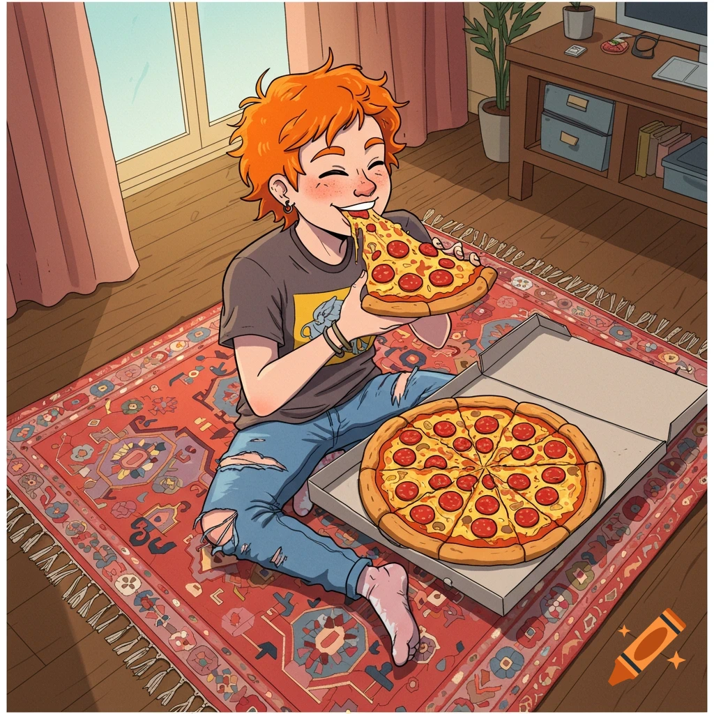Illustration of a person with orange hair eating a slice of pepperoni pizza on a rug.