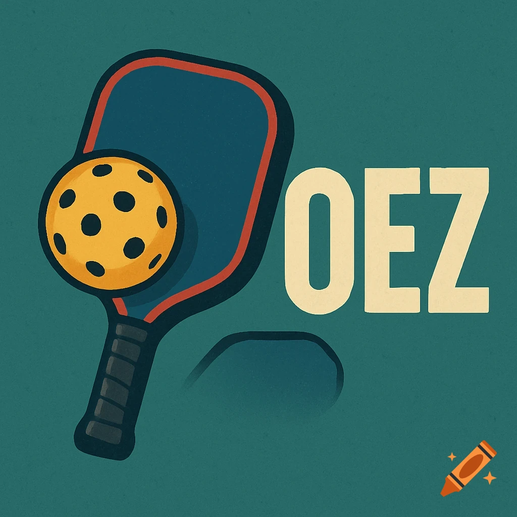 Illustration of a pickleball paddle and ball with the text OEZ on a textured teal background.