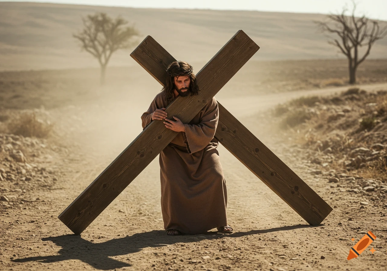 Jesus carries a heavy wooden cross down a dusty desert road.