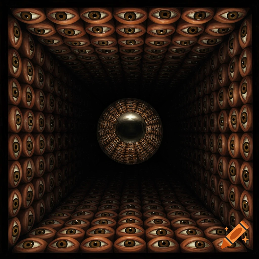 A sphere floats in a dark room where the walls are lined with rows and columns of eyes looking at it. Digital art.