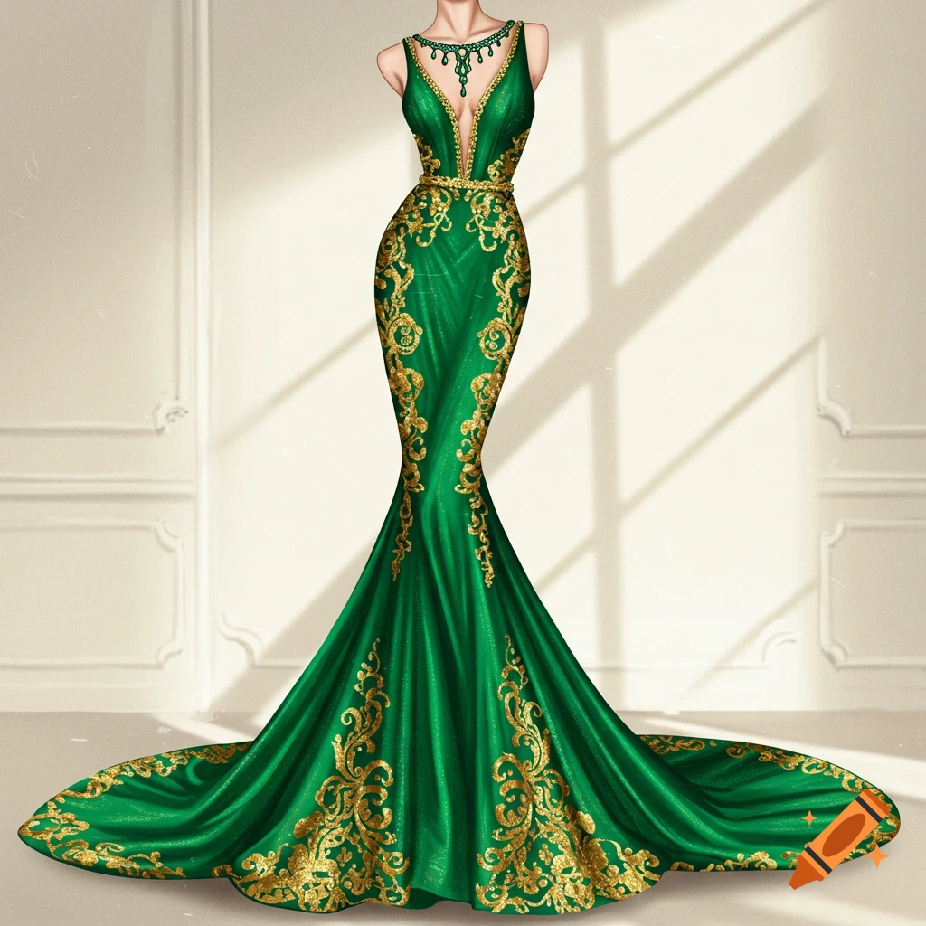 Green evening gown with gold scrollwork and long train on a mannequin in an illustrated style.