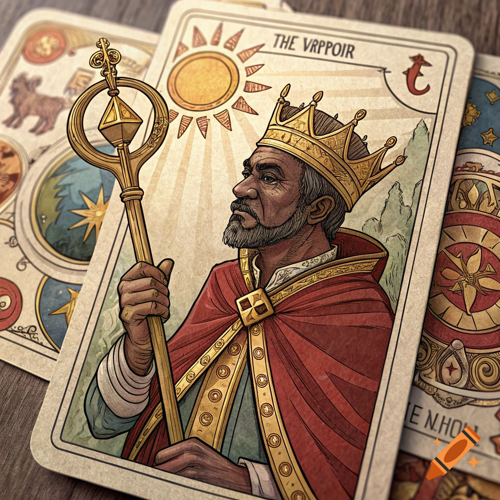 Detailed illustration of a king figure on a tarot card, wearing a crown and red robe, holding a staff.