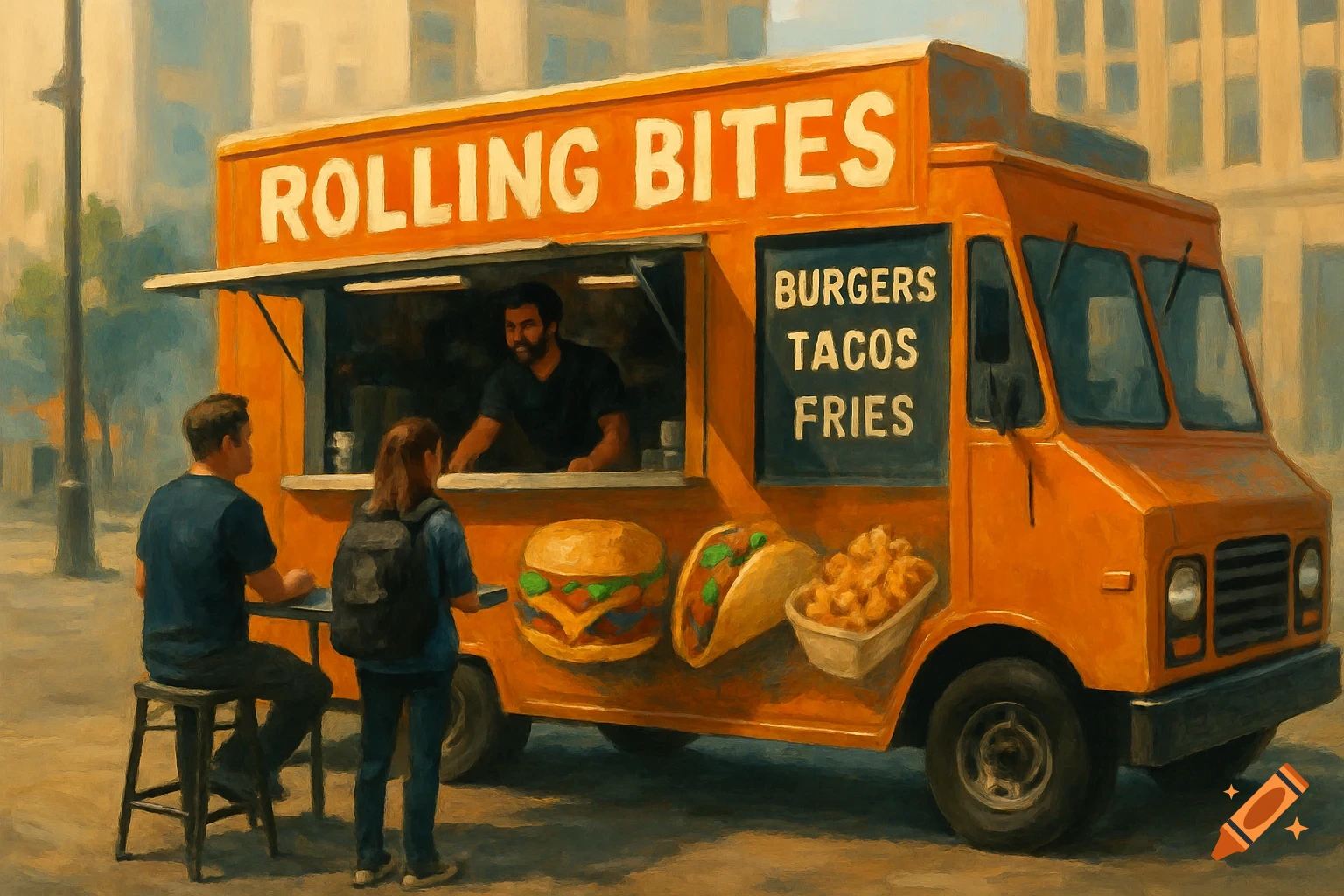 Orange food truck with 'Rolling Bites' sign, menu board, and customers, in a painterly style.