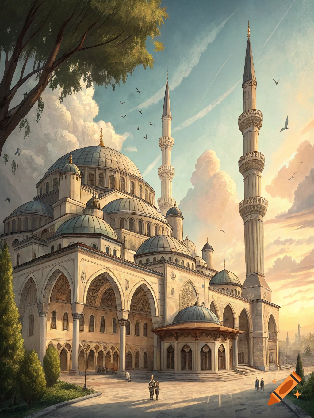 An illustration of a grand mosque with multiple domes and minarets at sunset, with people walking nearby.
