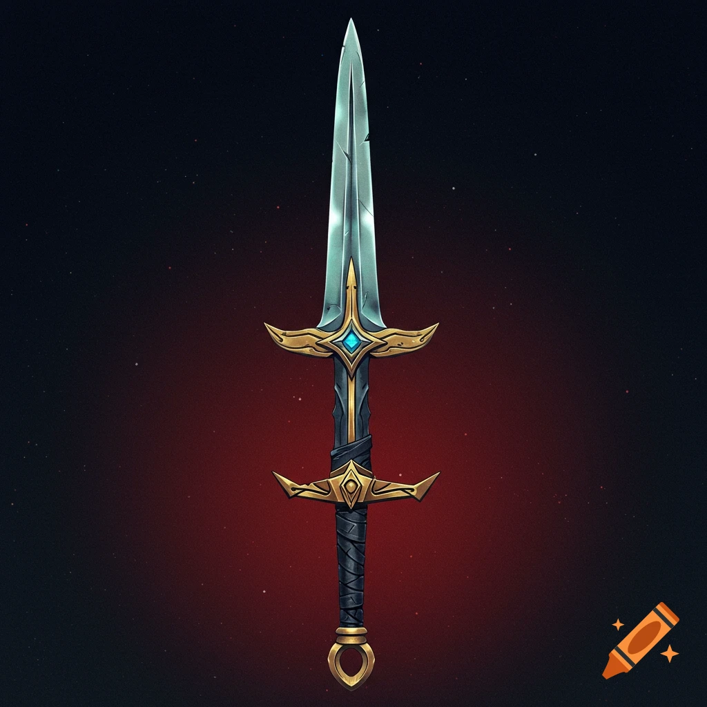 A stylized fantasy sword with gold and blue accents on a dark, starry background.