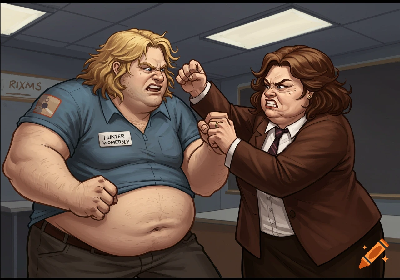 Illustration of a large blond man named Hunter Womersly fighting with an older brown-haired woman in a classroom.