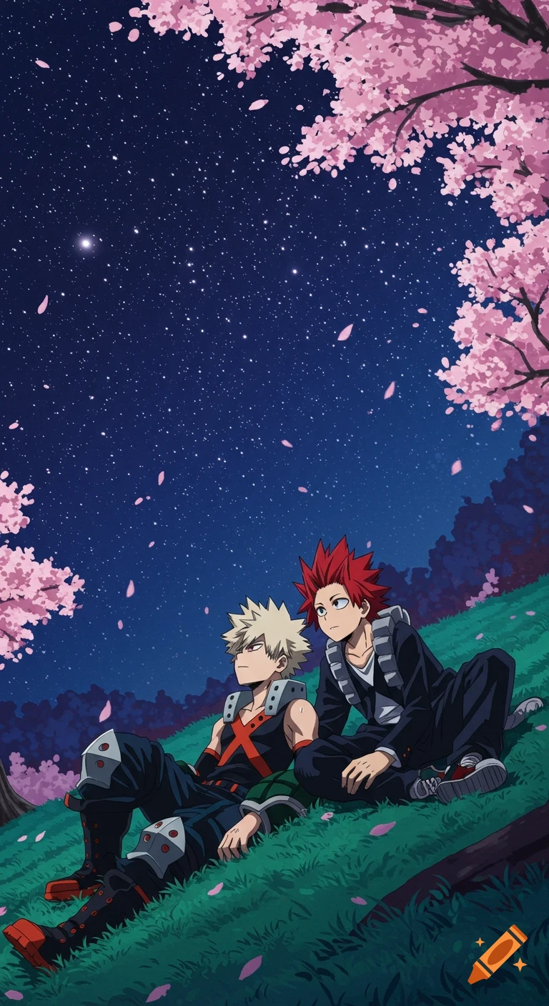 Two anime characters sitting under cherry blossom trees at night, looking at a starry sky.
