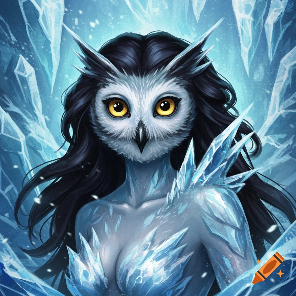 An owl-faced woman made of ice stands in a frozen landscape.