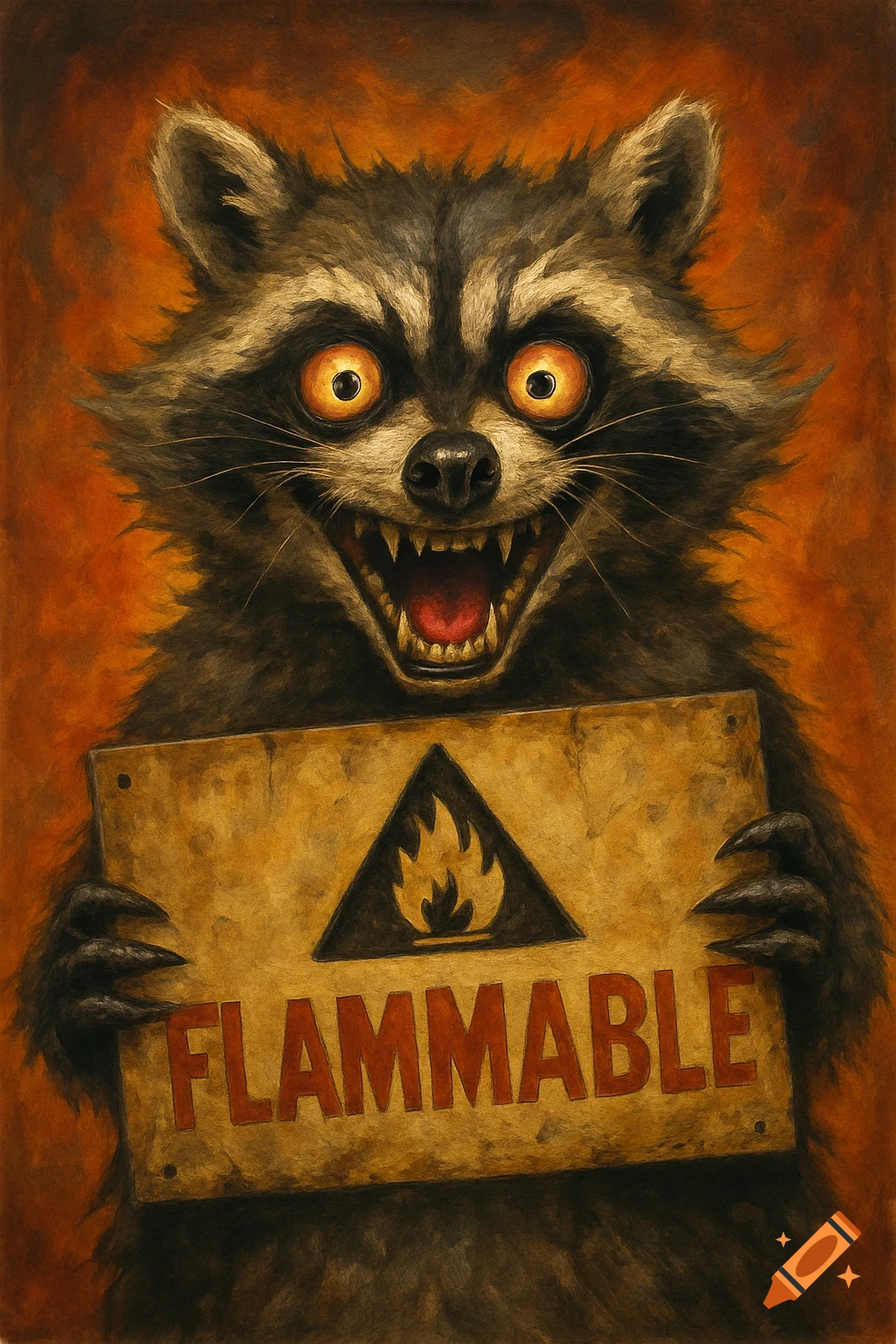 A creepy raccoon with wide eyes holds a sign that says FLAMMABLE in a painterly style.