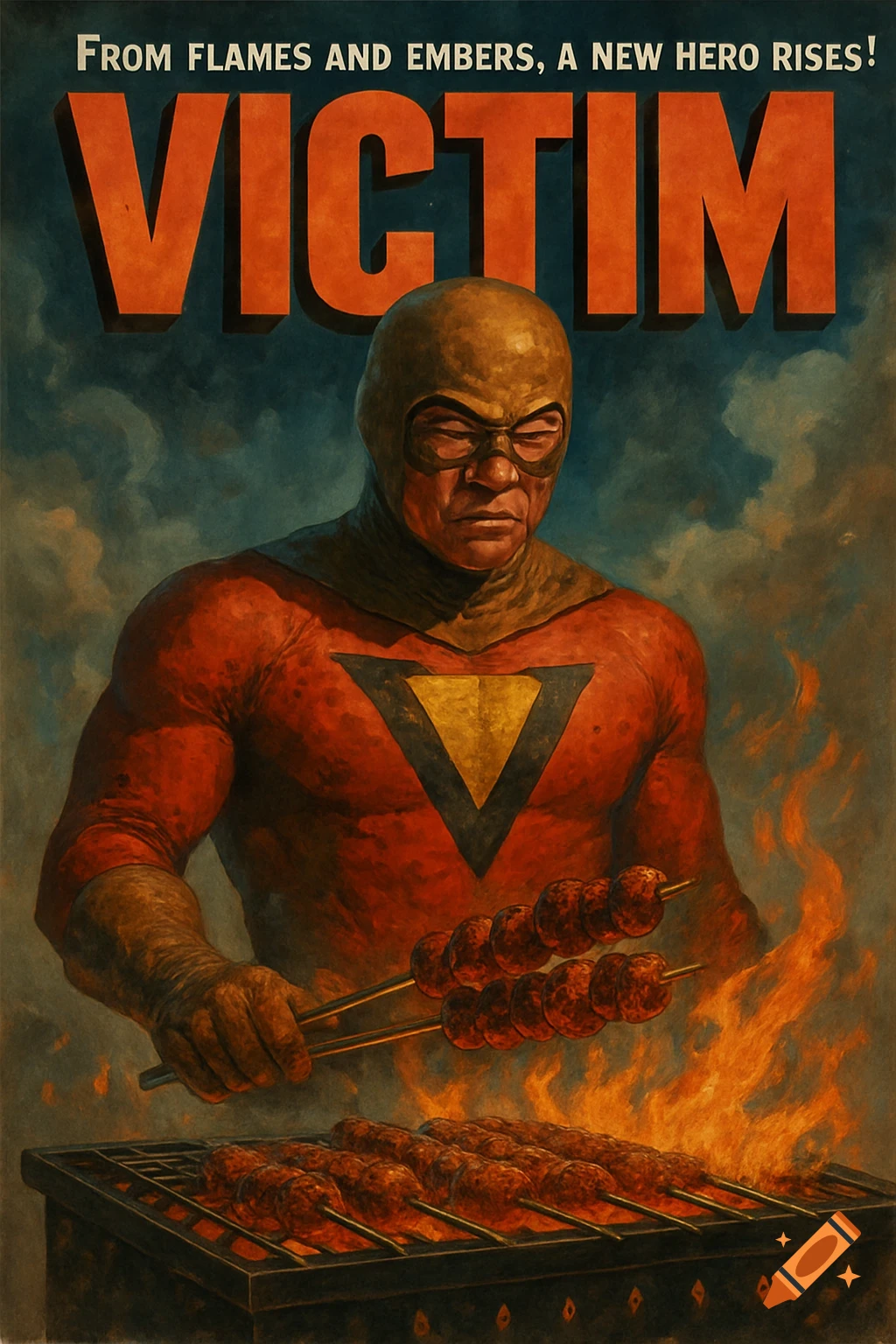 Movie poster of a superhero called Victim grilling skewers over a fire.