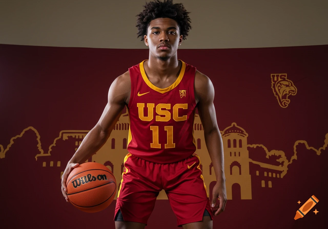 A USC basketball player in uniform holding a basketball.