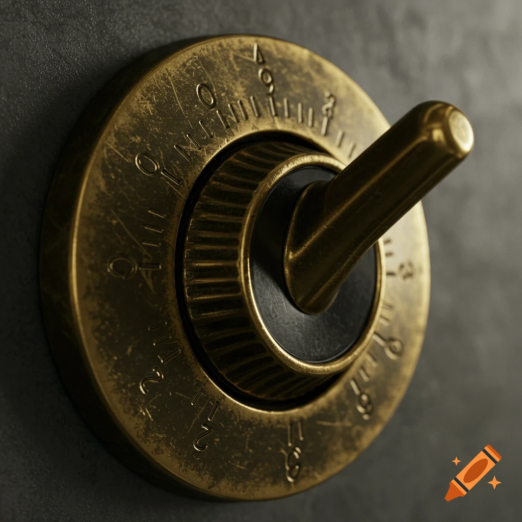 Close-up of a vintage brass toggle switch with a numbered dial on a dark surface.
