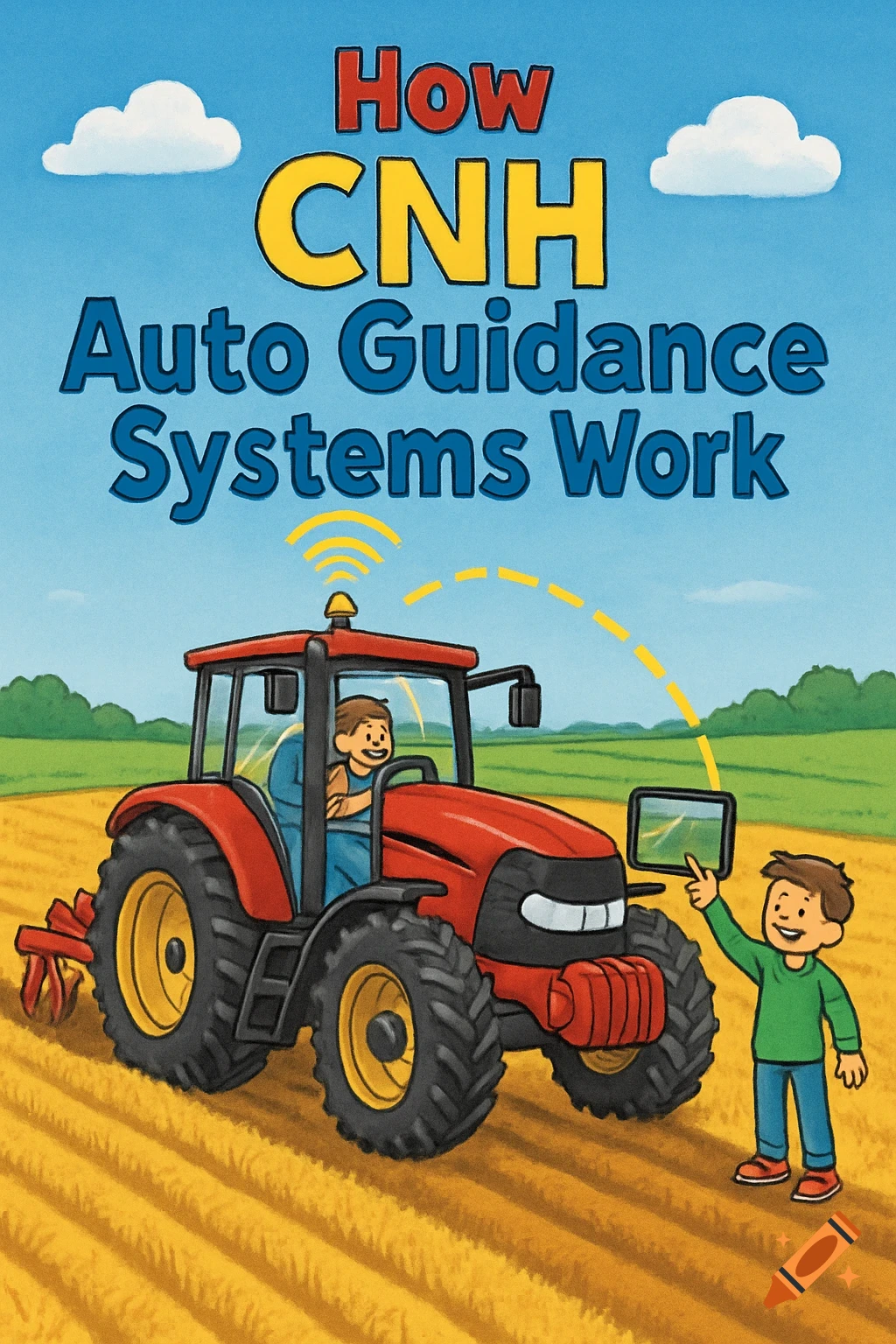 Colourful illustration of a tractor in a field with two people, like a children's book cover. Text says "How CNH Auto Guidance Systems Work".