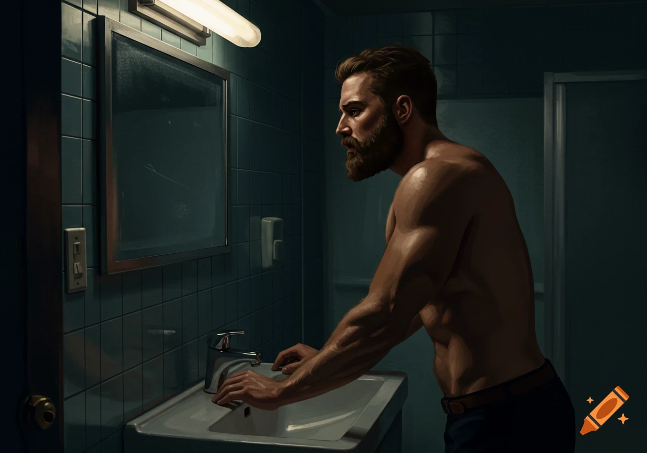 Muscular bearded man shirtless at a sink in a dimly lit bathroom.